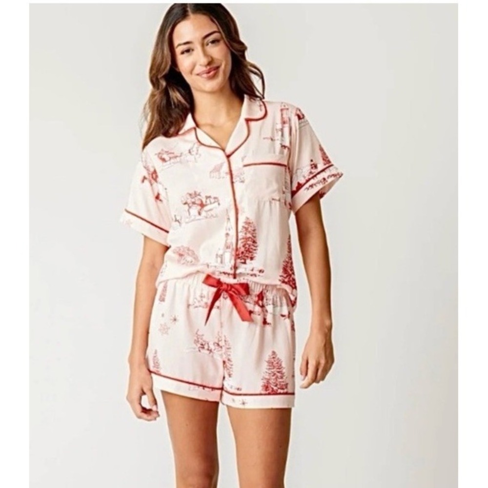 Katie Kimie Holiday Toile Pajama Short Set Print Women Sz S US Preppy Holiday
